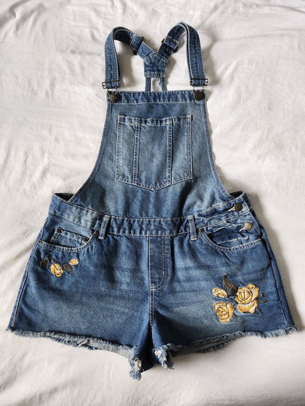Y2K Bluenotes Denim Short Overalls with Yellow Rose Embroidery